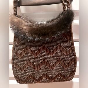 Paris beaded/ genuine fur trim bag